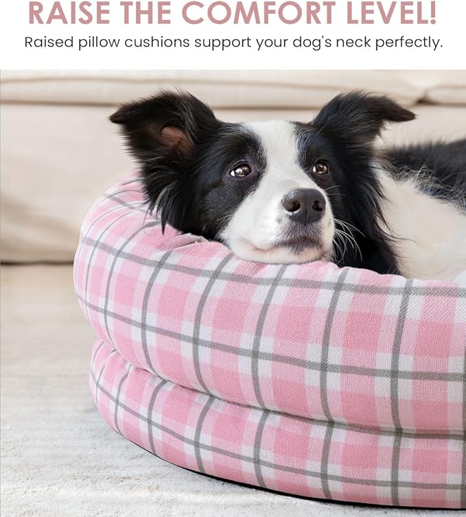 bilypaws Orthopedic Dog Bed for Medium Size Dogs, Pet Sofa Bed with Egg Crate Foam, 4-Sided Bolster, Removable Washable Cover & Anti-Slip Bottom, Medium Pink Plaid
