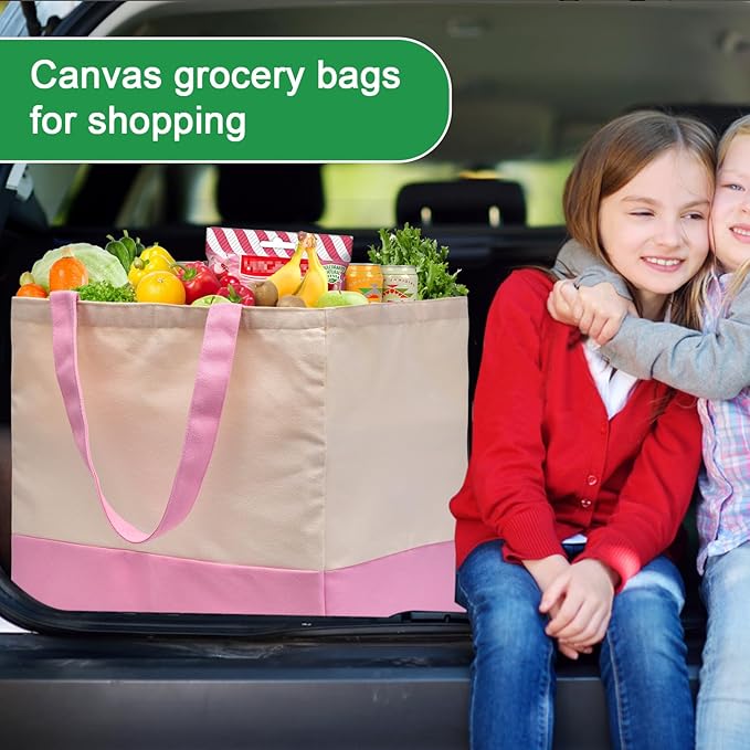 CNaiyunpin 3 Pack Canvas Reusable Grocery Bags Heavy Duty, 8.3 gal Foldable Large Tote Bag with Handles, Holds 60 lbs Canvas Shopping Bags & Washable Eco-friendly Bags with 5 Pockets, Pink+Off white