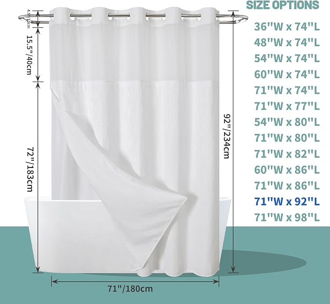eachope White No Hook Waffle Weave Shower Curtain with snap-in Liner Replacement, 230GSM Waterproof Fabric Hotel Shower Curtain Set for Bathroom, Through Mesh Top Window,71Wx92H