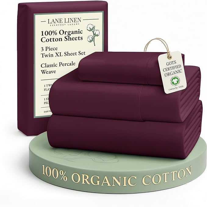 LANE LINEN 100% Organic Cotton Eco Friendly Sustainably Produced Twin XL Sheet Set, Mercerized Soft & Comfy Extra Long Twin Bedding Set, Naturally Cooling Cotton Sheets- Windsor Wine