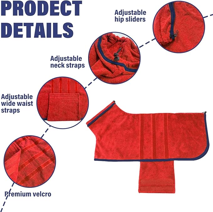 HhiMyOct Dog Drying Coat - Fast Drying Dog Towel Robe - Microfiber Super Absorbent Pet Bathrobe, Adjustable Collar Fast Drying Coat Pet Dog Cat Bath Robe Towel (X-Large, Red)