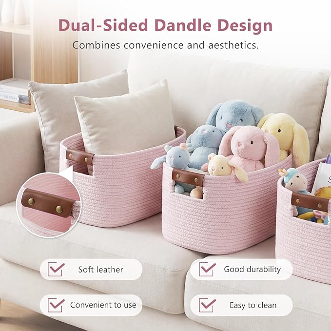 ECDYQXVU Cotton Rope Basket, Storage Baskets with Handle, 15x10x9 Inch Woven Basket for Shelves, Laundry, Towels, Clothes, Books (Light/Pink 3Pack)