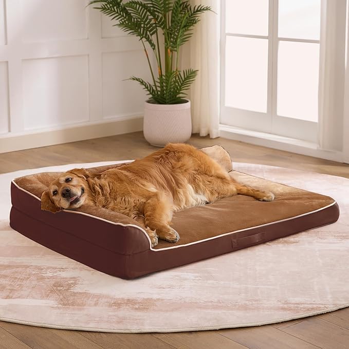 Aeroluxe Dog Bed Large Sized Dogs, XXL Orthopedic Dog Bed for Large Dogs, Waterproof Pet Bed with Washable Removable Cover, L-Shaped Pet Couch with Portable Handle 48"x35"x7.5", Brown