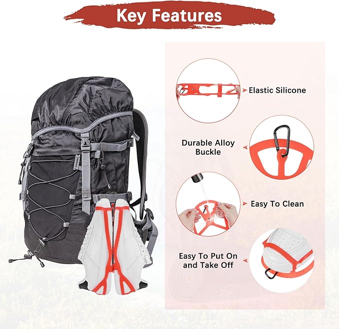 TIXIPEM Shoe Holster for Backpack [1SET] - Elastic Silicone Footwear Holder with Clip Use for Travel & Outdoors & Sports - [Red-L] Hang Extra Shoes Cleats Boots