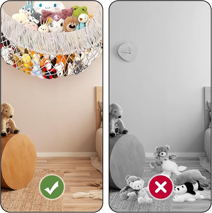 Cotton Stuffed Animal Storage,Stuffed Animal Hammock,Boho Stuffed Animal Net for Bedroom(Cream-Colored)