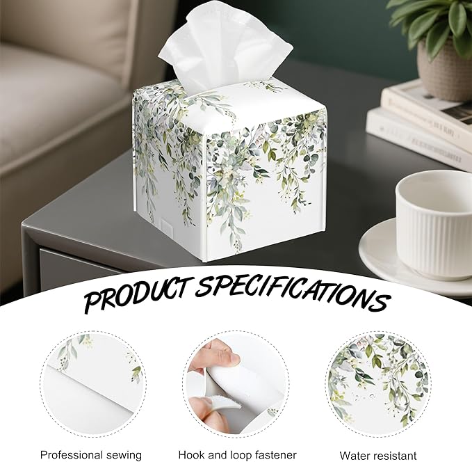 Watercolor Floral with Leaves Tissue Box Cover Square,Tissue Box Holder with Belt Bottom,Stylish Leather Napkin Holder for Vanity Countertop,Nightstands,Office Desk,5.2"×5.2"×5.2"