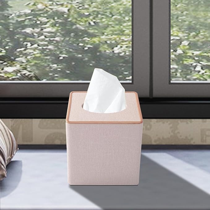 RHCSZ Linen Square Tissue Box Cover,Cube Tissue Box Holder－Excellent Rosegold Leather Decoration,Table Napkin Case Dispenser,Facial Tissues Organizer with Magnetic Bottom for Home Office Car(Beige)