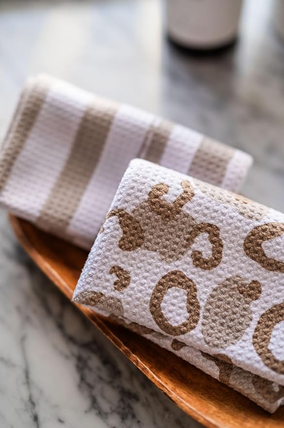 Desert Aqua || 2 Pack Double Sided || Waffle Weave Microfiber || Tea Towels || Highly Absorbent || Hanging Loop || Dish Cloths || Modern || Designer Prints || Double Sided || Cheetah & Stripes