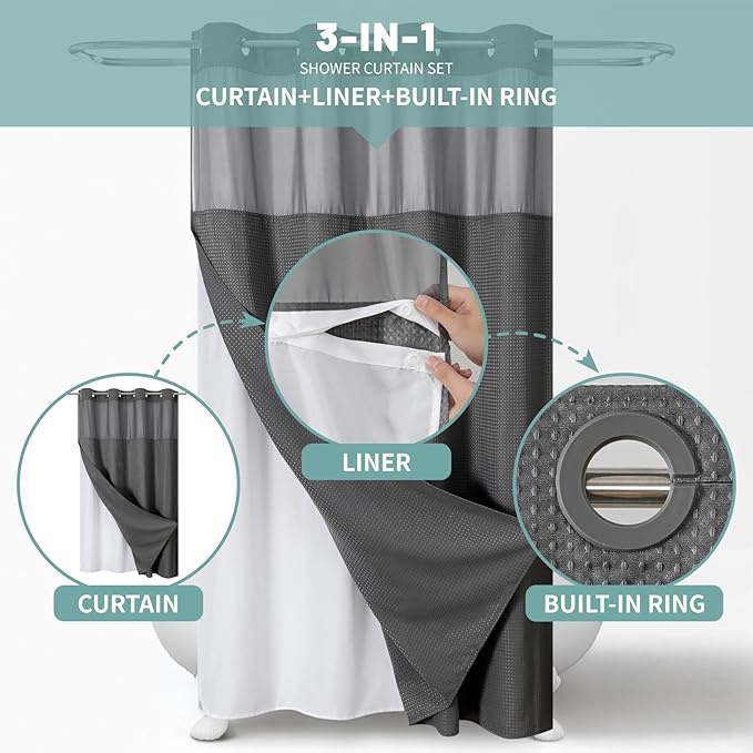 eachope Charcoal Grey No Hook Waffle Weave Shower Curtain with snap-in Liner Replacement, 230GSM Waterproof Fabric Hotel Shower Curtain Set for Bathroom, Through Mesh Top Window,54Wx80H