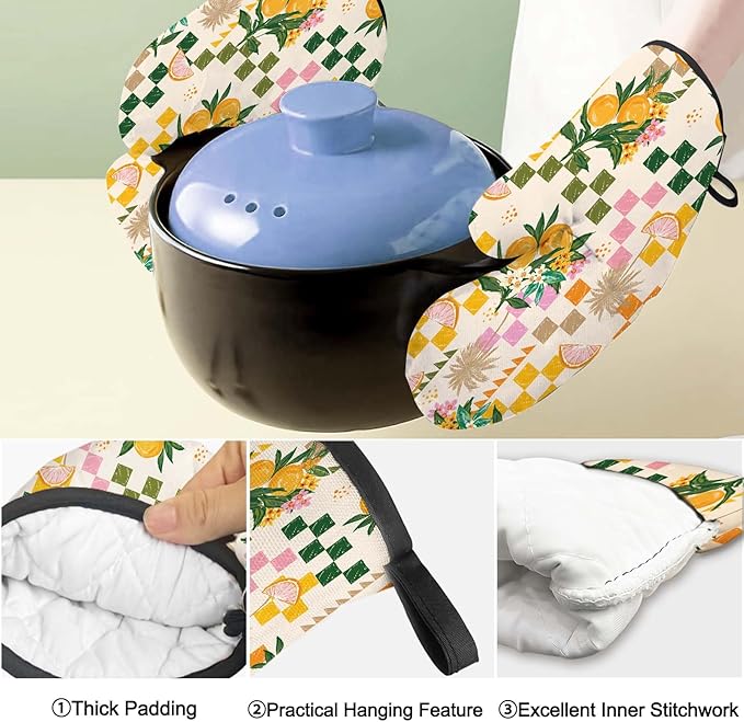 Summer Oven Mitts and Pot Holders Set, Lemon Orange Heat Resistant Oven Gloves - Comfortable and Easy to Clean - Perfect Kitchen Accessories for Durability and Style