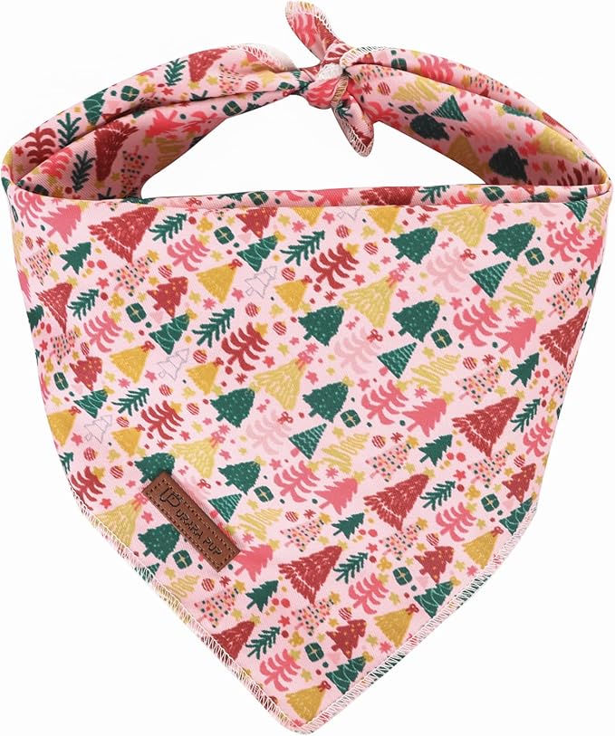 UP URARA PUP Christmas Dog Bandana–Pink Christmas Tree Triangle Scarf for Small Medium Large Dogs, Soft Cotton Pet Bib for Winter & New Year, Adjustable Dog Kerchief