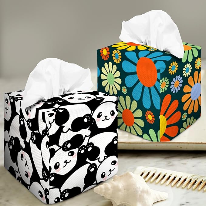Tissue Box Cover Square Decorative Tissue Box Holder Cute Funny Cube Tissue Case Cover-Panda Tissue Box Cover