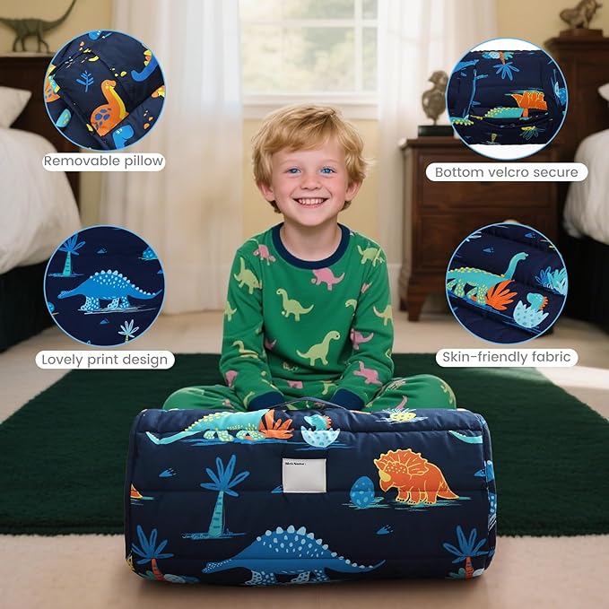 david's kids Toddler Nap Mat Set with Removable Pillow, Ultra Soft Slumber Bags for Boys, Perfect for Preschool, Daycare, Kids Sleeping Bags with Rollup Design, 50"x20", Dinosaur