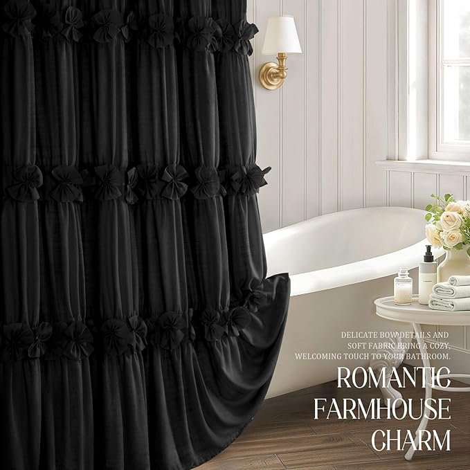 XOGUIBO Ruffle Shower Curtain with Handmade Bow Tie, Vintage Farmhouse Shower Curtain for Bathroom, 72" W x 72" H,Black
