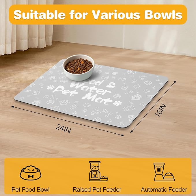 Pet Feeding Mat,Dog Cat Mat for Food and Water,Dog Bowl Waterproof Placemat with Rubber Backing,Absorbent Quick Dry Water Dispenser Mat for Pet（Light Gray 16"×24"）