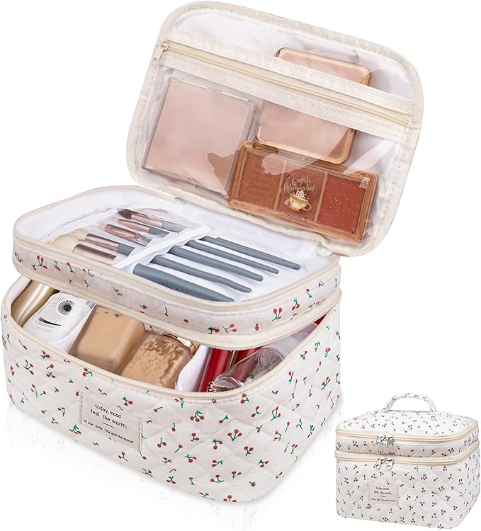 Makeup bag, Large Cosmetic Bag for Women Girls, Cute Quilted Makeup Bags, Floral Coquette Aesthetic Toiletry Bag, Travel Make Up Organizer Bag (Cherry)