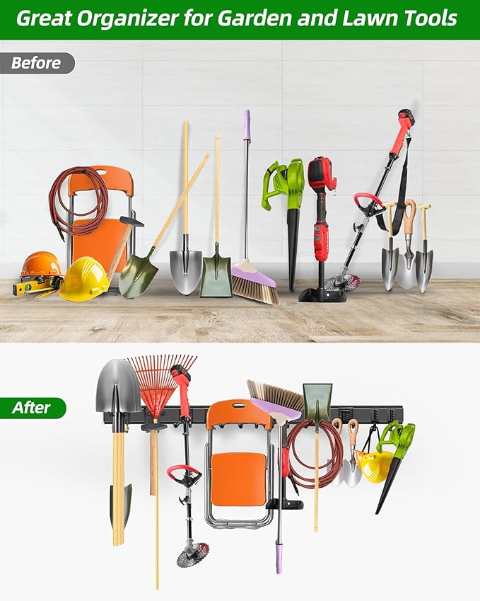 PIYILO 64 inches Garage Tool Organizer Wall Mount, Heavy Duty Garden Tool Organizer Rack, Hanging Storage Organization Racks Holder with 10 Hooks, for Lawn Tools, Shovel, Shed