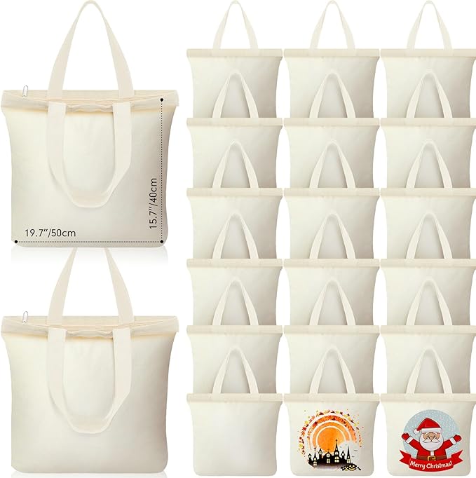 Silkfly 20 Pcs Extra Large Canvas Tote Bags Bulk 19.7x15.8'' Blank Cotton Canvas Bag with Zipper Handles Reusable Plain Grocery Makeup Handbag for DIY(Beige)