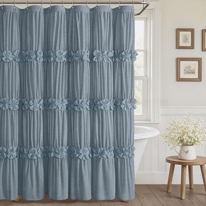 XOGUIBO Ruffle Shower Curtain with Handmade Bow Tie, Blue Linen Vintage Farmhouse Shower Curtain for Bathroom, 72" W x 72" H