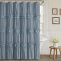 XOGUIBO Ruffle Shower Curtain with Handmade Bow Tie, Blue Linen Vintage Farmhouse Shower Curtain for Bathroom, 72" W x 72" H