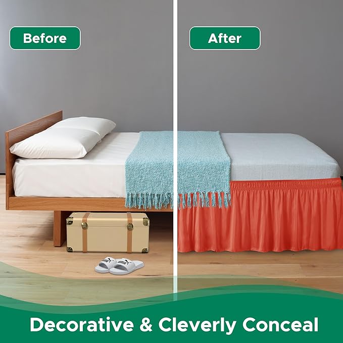Biscaynebay Wrap Around Bed Skirts for Full & Full XL Beds 15" Drop, Coral Adjustable Elastic Dust Ruffles with Adjustable Belts Silky Luxrious Fabric Machine Washable