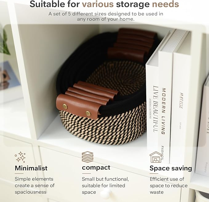 ECDYQXVU 5 Piece Storage Baskets Small Woven Basket with Detachable Leather Handle, Cotton Rope Shelf Baskets for Closet Organizers, Different Sizes Basket Decor, Black Brown