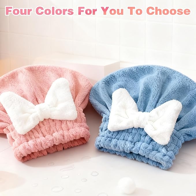 2Pcs Super Absorbent Hair Towel Wrap for Wet Hair, Microfiber Hair Towel Wrap Quick-Drying Thickened Hair Towels, Soft Bow Tie Wet Hair Towels Wrap for Women Girls (Pink+Blue)