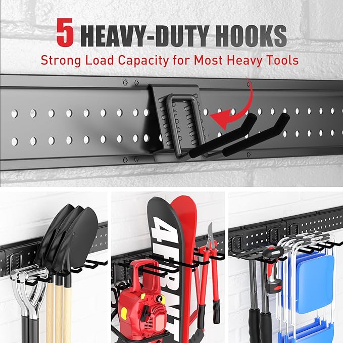 ZICANYCO Garage Tool Organizer Wall Mount 96 inches with 18 Adjustable Heavy-Duty Hooks, Garage Organization, Garden Tool Storage Rack, Yard, and Shed, Holds Up to 750 lbs