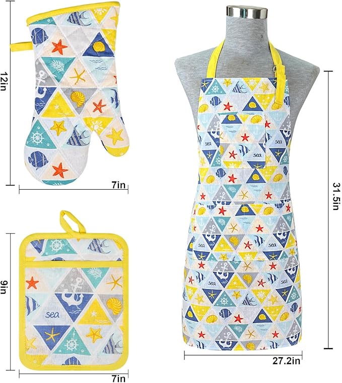 Oven Mitts and Pot Holders with Chef Apron,Set of 5 Heat Resistant Kitchen Gloves and Silicone Non-Slip Potholders Adjustable Neck Buckle Apron, Cotton Nice Design for Cooking (Sea Fish)
