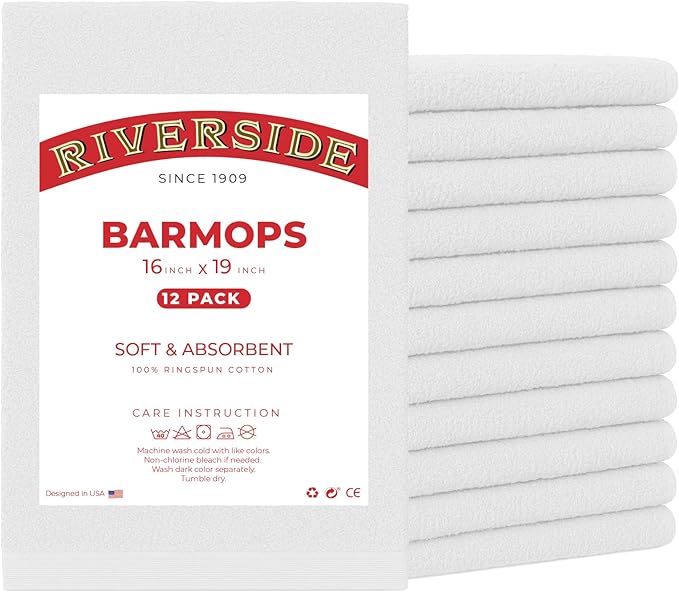 RIVERSIDE Bar Mop Towels Pack of 12, 16x19 Inches, 100% Ring Spun Cotton Terry Cloth Kitchen Towel, Highly Absorbent & Reusable Multipurpose Cleaning Rags for Bathroom, Hotel, Restaurant, White