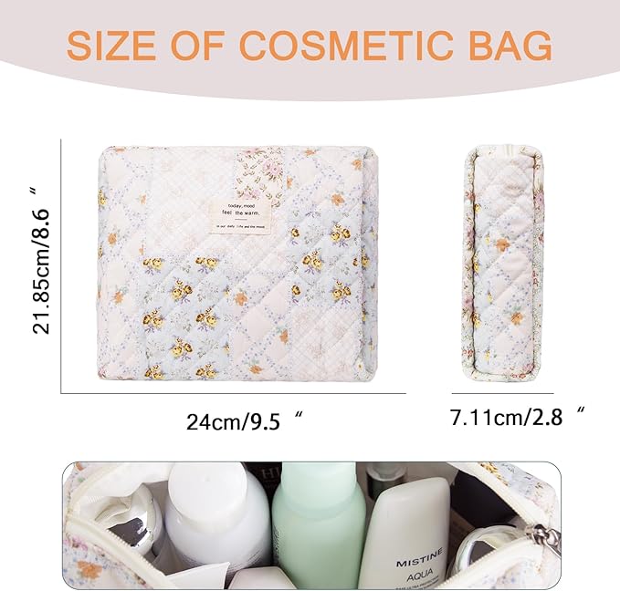 Gosect Floral Makeup Bag, Small Cosmetic Bag for Women Girls, Cute Cotton Makeup Bag, Quilted Makeup Bags, Flower Travel Toiletry Organizer Bag(Folk Style)