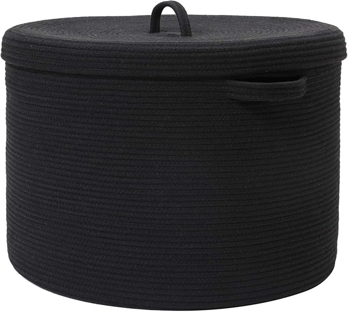 Cottonphant 20" x 20" x 15" Extra Large Storage Basket with Lid, Cotton Rope Storage Baskets, Laundry Hamper, Cloth Bin, for Clothes Towels Blankets Pillows Storage in Living Room, All Black