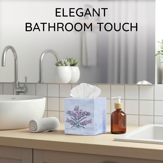 EmbroideryLinen.VN Tissue Box Cover Set of 2, Square Linen Tissue Holder, French Knot Hand Embroidered Floral Design, 4.5x4.5x5.5 Inches, Decorative Holder for Bathroom, Living Room, Office (White)