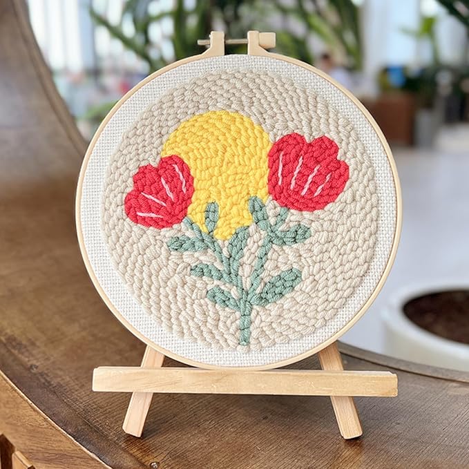 Woohome Punch Needle Kit Included Plastic Hoops, Punch Needle Cloth, Color Yarn and Punch Needle Tools for Adults, Beginners (Pink Flower and Leaves)
