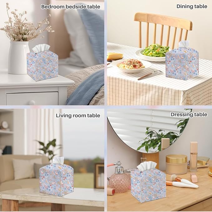 Tissue Box Cover, Tissue Box Holder, Square with Belt Bottom, PU Leather Decorative Organizer for Desk, Tabletop, Countertop Bathroom, Toilet Car, Office, Dresser, Rabbit Butterflyc Flower Decor