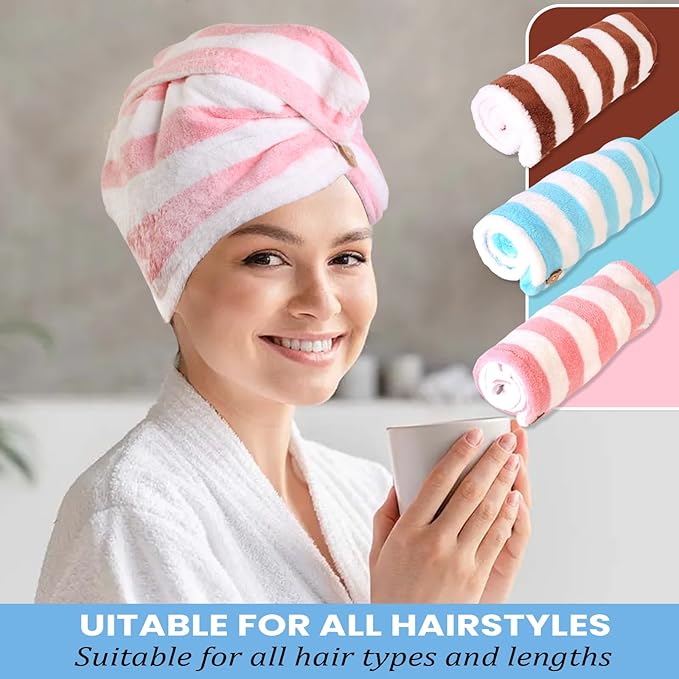 YHPDYL 3 Pack Microfiber Hair Towel Wrap for Women, Fast Drying Hair Turban with Button, Anti-Frizz Large Hair Towel for All Hair Styles, Soft & Absorbent Hair Drying Towel