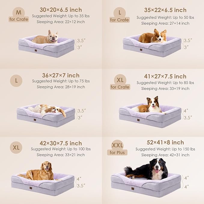 EHEYCIGA Memory Foam XXL Dog Bed for XLarge Sized, Extra Large Orthopedic Dog Sofa with Sides and Waterproof Liner, Washable Bolster Pet Couch with Removable Cover, 52x41x8 Inch, Purple