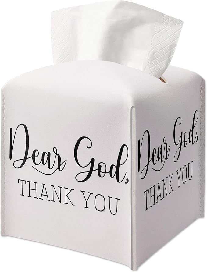 Christian Gifts Square Tissue Box Cover, Inspirational Gift Ideas for Friends, Thank You Dear God, Bathroom Office Desk Decor, Housewarming New Home Favor-(5.2 Inches)
