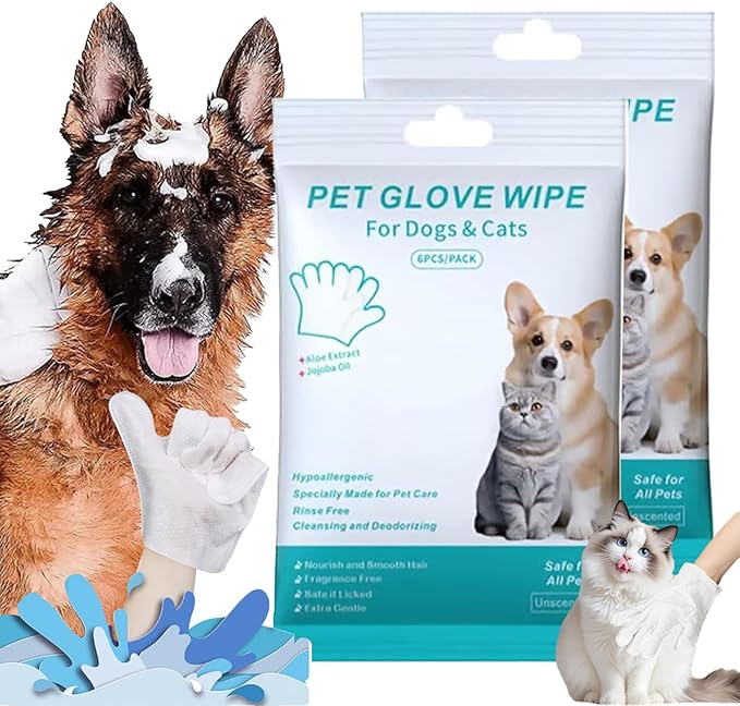 Dog Shampoo Mitts Pet Bath Wipes, Pet Cleaning Deodorizing Glove Wipes for Dogs & Cats,Fragrance-Free, Gentle Grooming Mittens for Sensitive Skin (2Pcs)
