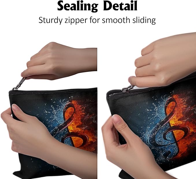 Cafl Fire Water Musical Clef Makeup Bag Travel Large Musical Note Cosmetic Bag Organizer toiletry Essentials Jewelry Zipper Bag Gift For Women -10×8 inch