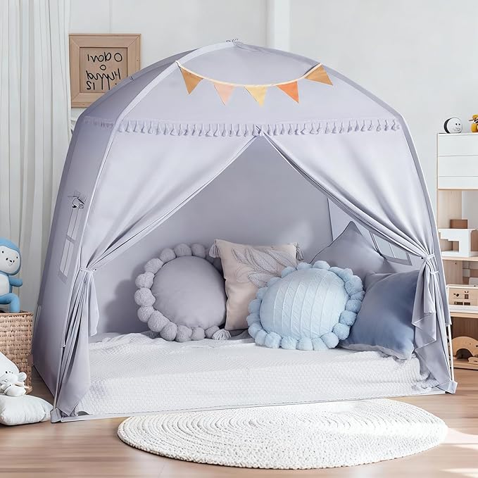 Sumbababy Large Teepee Tent for Kids: with Star Lights - Tent for Toddler Indoor Kids Teepee Tent for Boys & Girls - Toddler Play Tent Inside Canopy Bed for Playroom Gift Toys (Gray)