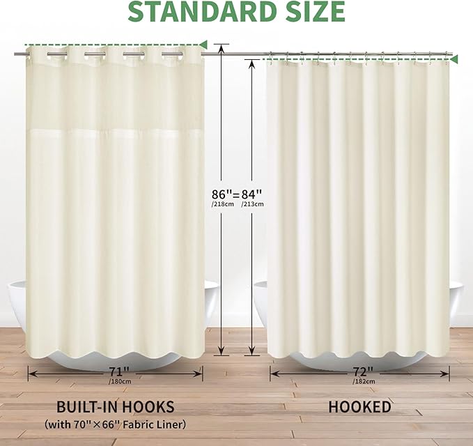 eachope Extra Long No Hook Shower Curtain with Snap-in Fabric Liner Set,Cream Waffle Weave Shower Curtains for Bathroom,Hotel Luxury Decor Bathroom Curtain Set,Waterproof & Washable,71Wx86H