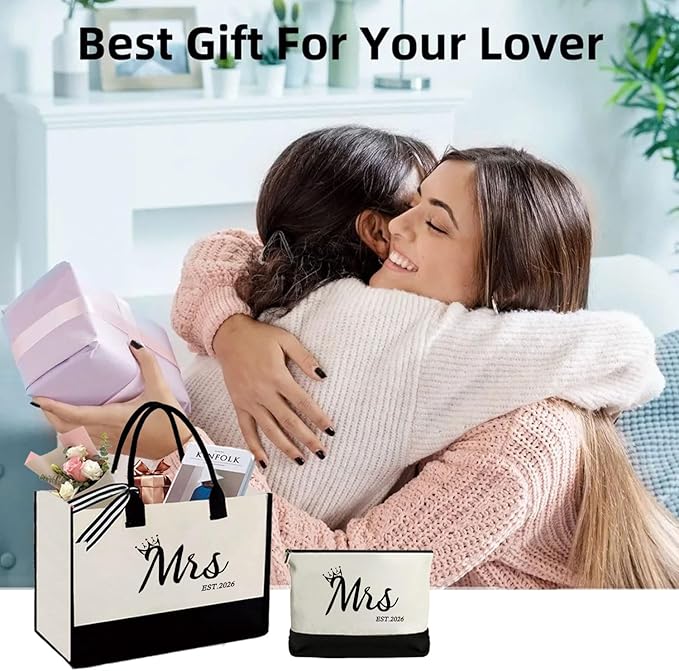 KDBDSYZB Mrs 2026 Bride Canvas Tote Bag, Gifts for Wedding BridalShower, mrs 2026 bag with Makeup Bag，Bachelorette Party, Bride to be Gifts, Miss to Mrs Bag,Christmas Personalized Bridesmaid Gift