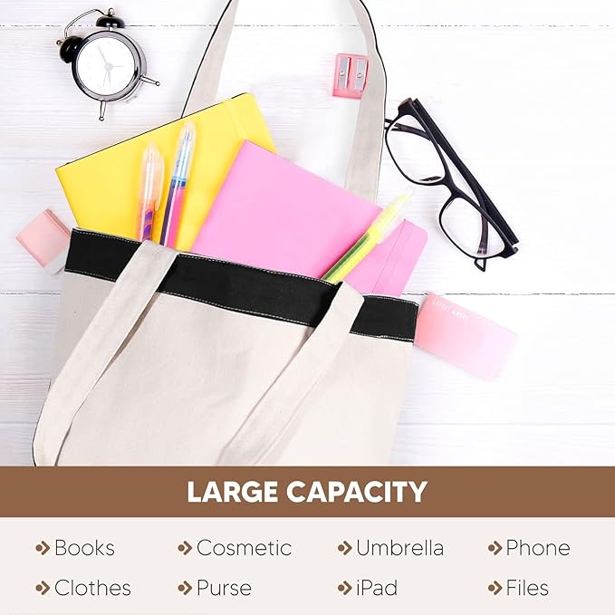 Canvas Tote Bag with Handles for Woman, Reusable Cloth Bag for Groceries and Shopping In Bulk - Blank Cotton Tote Bag, Suitable for DIY Projects HEAVY DUTY, 16"X14.5" With 4” Gusset, Black 4 Pack
