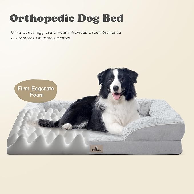 PetFun XL Orthopedic Dog Beds Large Sized Dog - Washable Large Dog Cat Bed Waterproof, Comfort Dogs Couch Sofa with Washable Removable Cover, Pet Bed with Nonskid Bottom, Light Grey, 42"