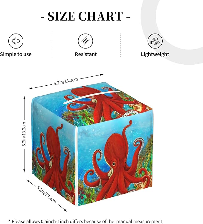 POIUBLE Tissue Box Holder Cartoon Octopus Tissue Box Cover Square Leather Tissue Holder Organizer Portable Decorative Facial Paper Case for Home Office Bathroom Vanity Countertop