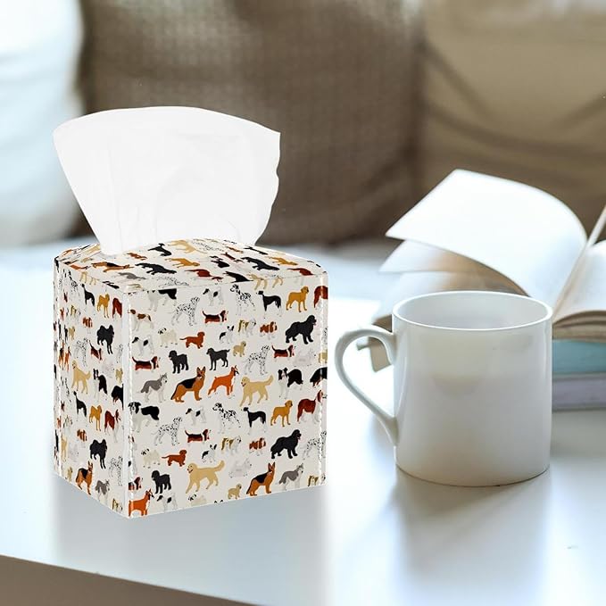 2 Pack Dog Tissue Box Cover Leather Tissue Holder Facial Tissue Case Paper Organizer for Bathroom, Vanity Countertop, Tabletop, Car