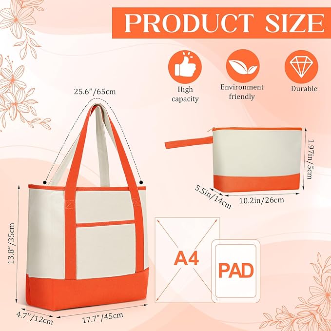 Sanwuta Canvas Tote Bags Bulk with Outer Pocket and Makeup Pouch 18'' Reusable Grocery Bags with Handles for Women Beach DIY