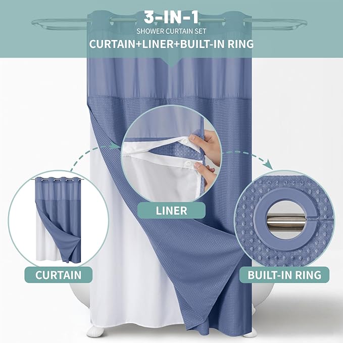 eachope MoonLightBlue No Hook Waffle Weave Shower Curtain with snap-in Liner Replacement, 230GSM Waterproof Fabric Hotel Shower Curtain Set for Bathroom, Through Mesh Top Window,54Wx80H