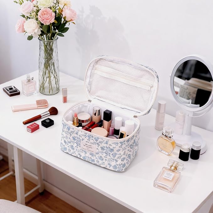 PGAXM 3PCS Makeup Bag,Quilted Cosmetic Bag,Large Floral Makeup Bag for Women,Cute Cotton Cosmetic Bag Set,Travel Toiletry Bag For Women(White blue)